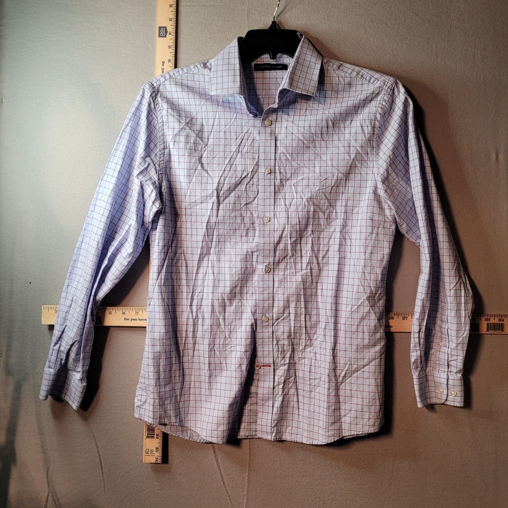 Tommy Hilfiger Mens Slim Fit Button Down Shirt Blue‎ Burgundy Grid 15.5 32/33 M